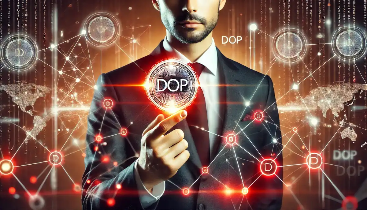 ビジネスマンがDOP仮想通貨のトークンを手にする未来的なイメージ