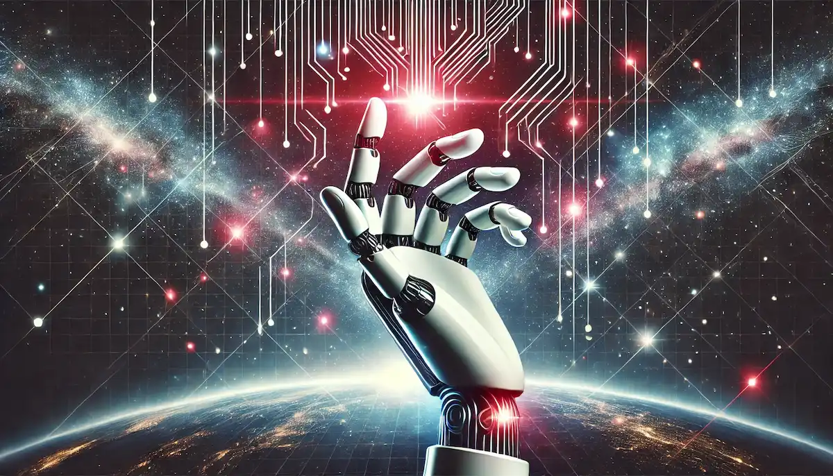 AIとテクノロジーの進化を象徴する、未来的なロボットアームのビジュアル