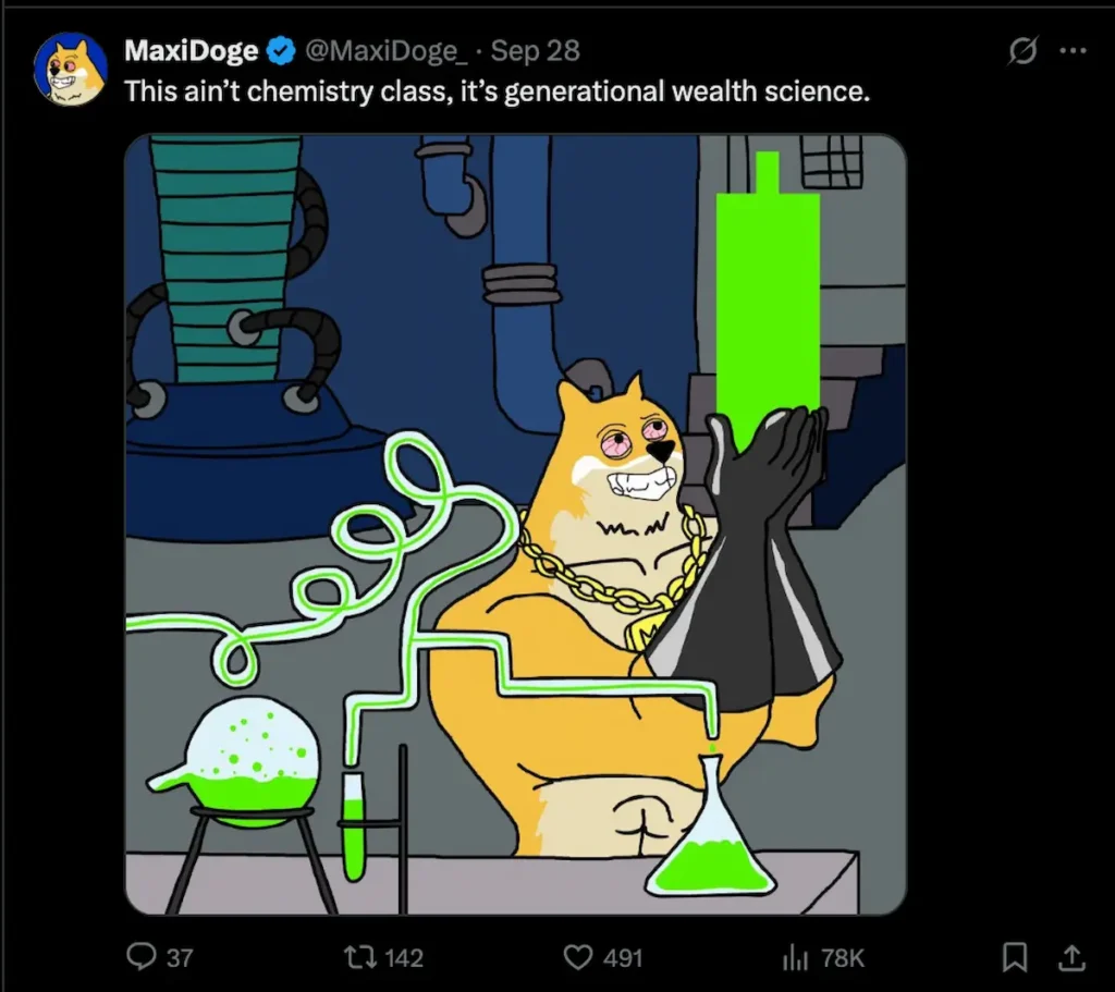 Maxi Dogeが実験室で“緑の上昇チャート”を生み出す様子を描いた投稿