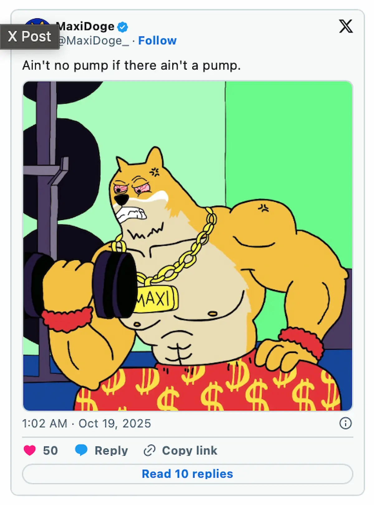 Maxi Doge(MAXI)のキャラクターがダンベルを持ちトレーニングするイラスト