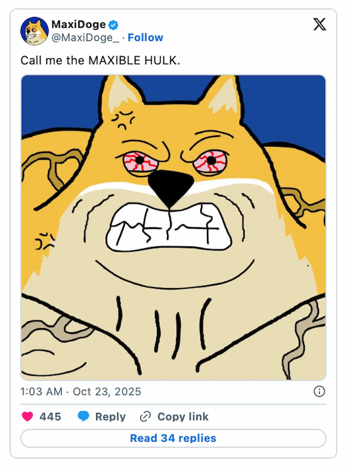 怒りの表情を見せる筋肉犬、Maxi Dogeのイラスト