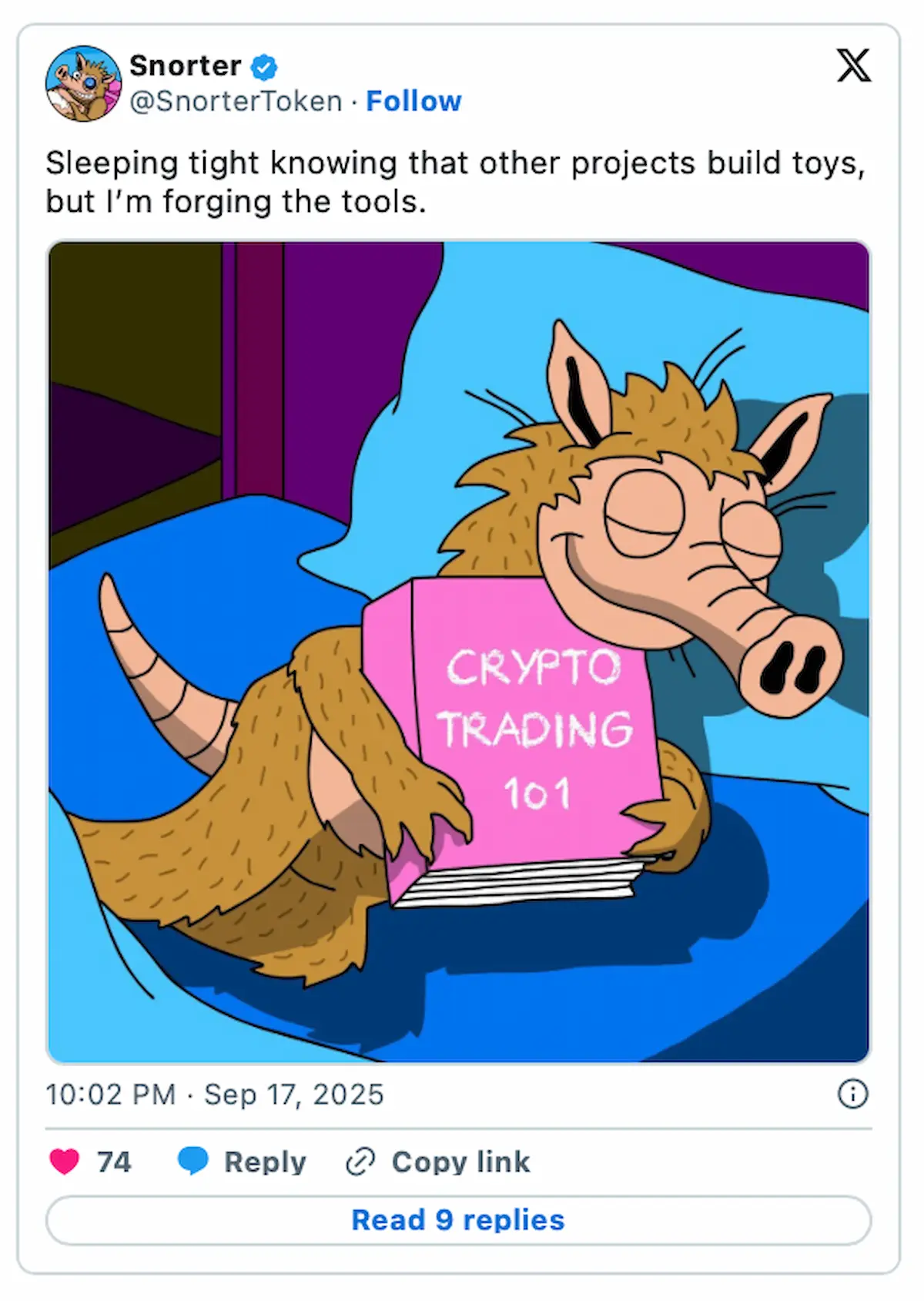 Snorter Botのキャラクターが本を抱えて眠る投稿。学びと技術開発を象徴したイラスト