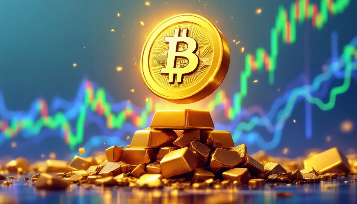 昇するビットコインと下落する金の価格を象徴する画像