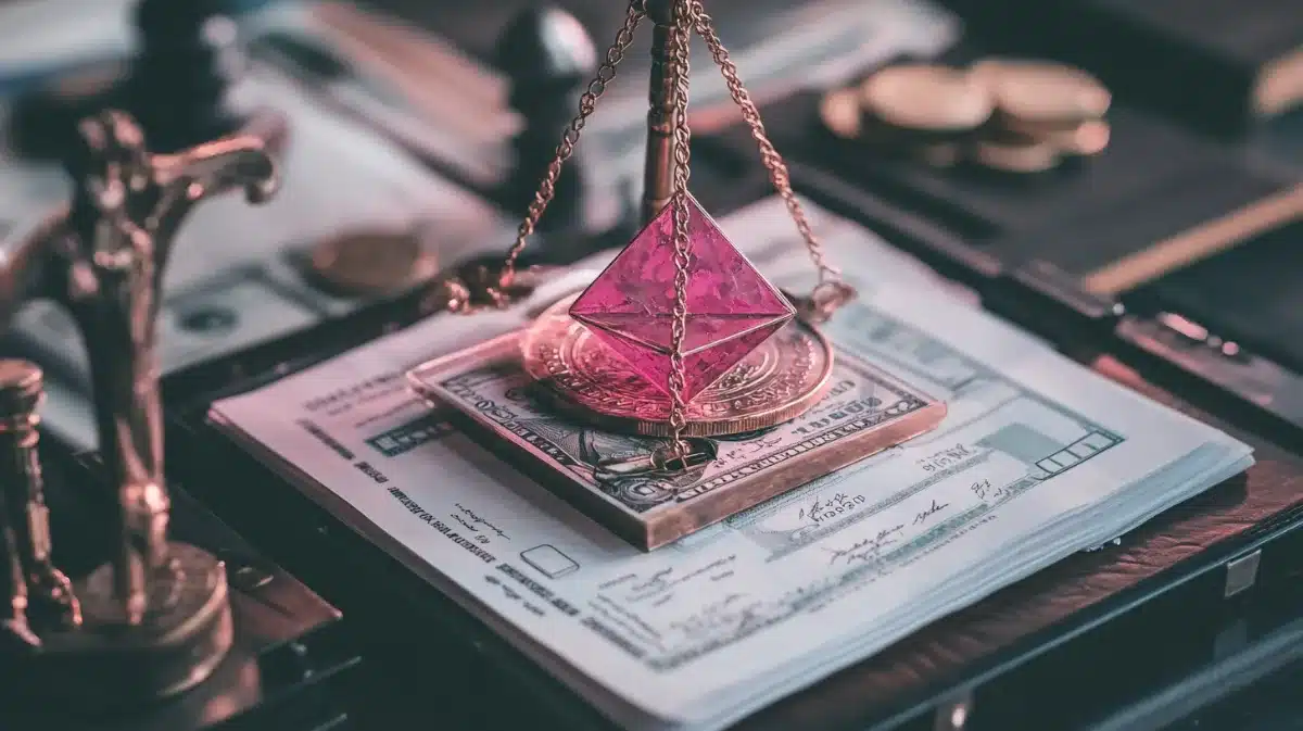 天秤に乗ったイーサリアむで暗号資産（仮想通貨）担保ローンを表現したイメージ