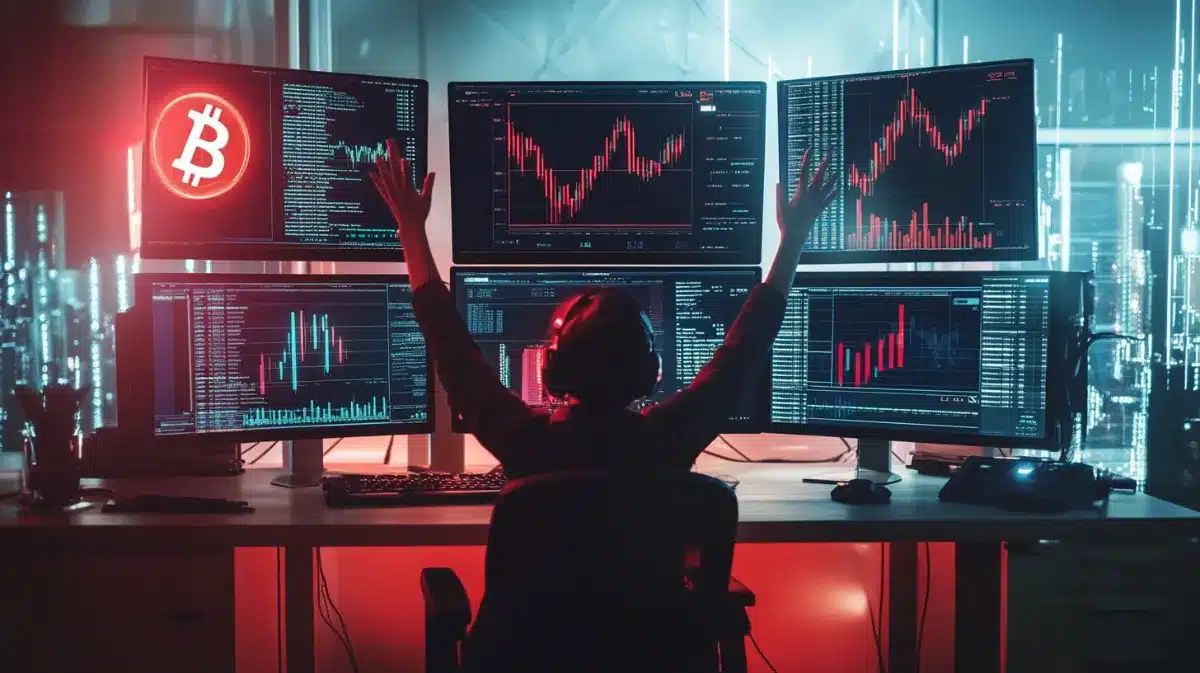 仮想通貨の億り人になった男が手を挙げて喜んでいるシーン