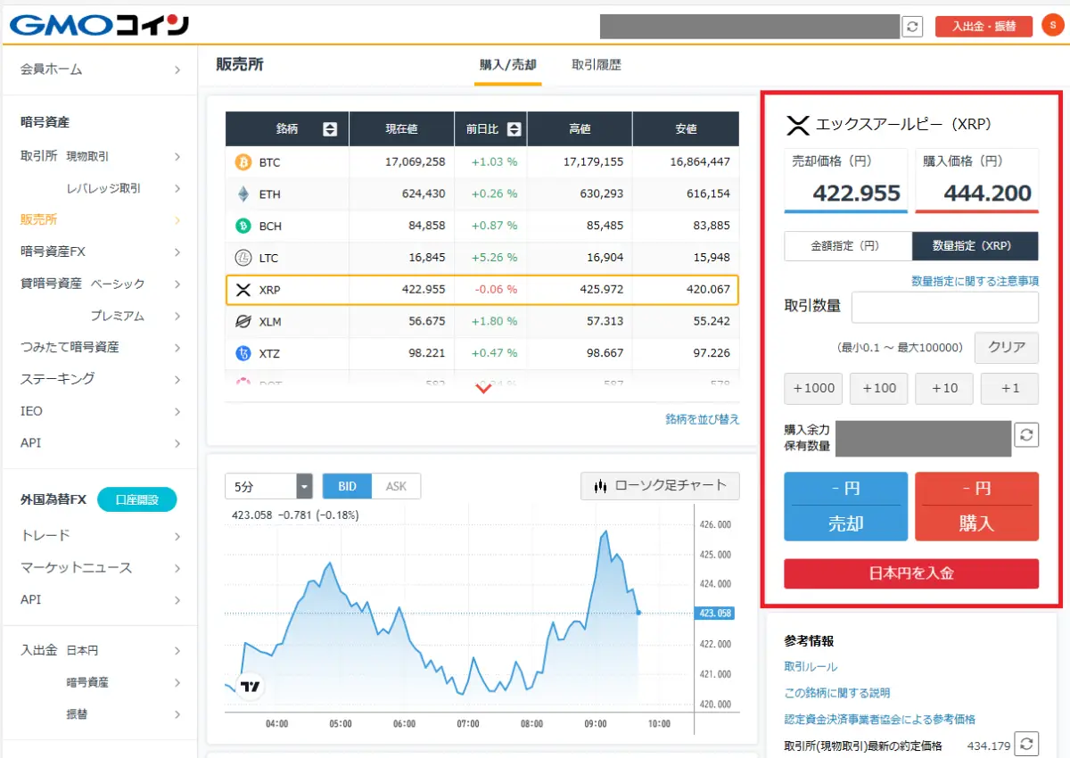 リップルの買い方-GMOコインの取引画面