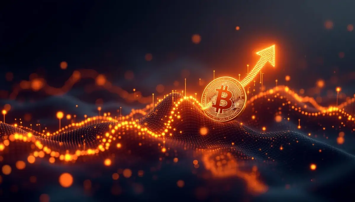 ビットコイン価格チャート上に配置された複数のオレンジ色のドットを示すデータ可視化イメージ