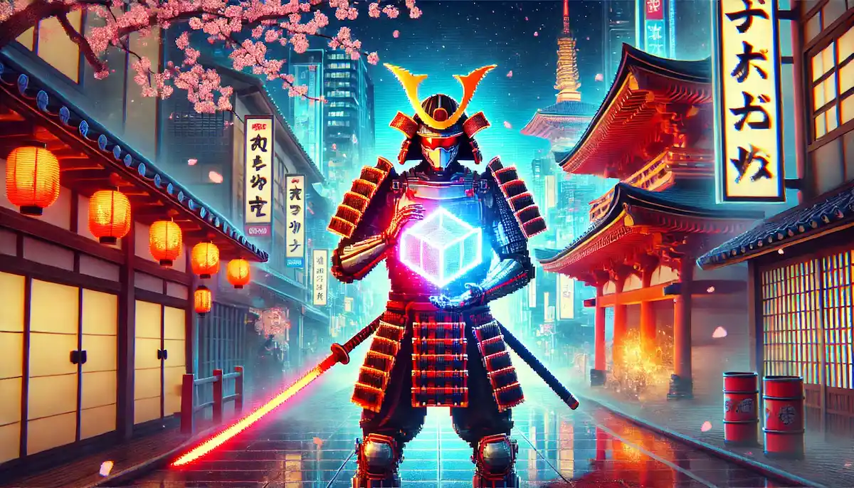デジタルサムライが光るキューブを掲げるnftゲームのイメージ