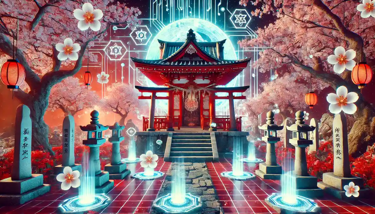 桜咲く神社とデジタル空間が融合したnftゲームのイメージ