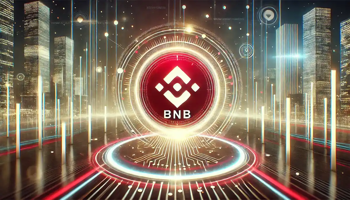 近未来都市の中心で、BNBロゴが輝く基盤通貨イメージ