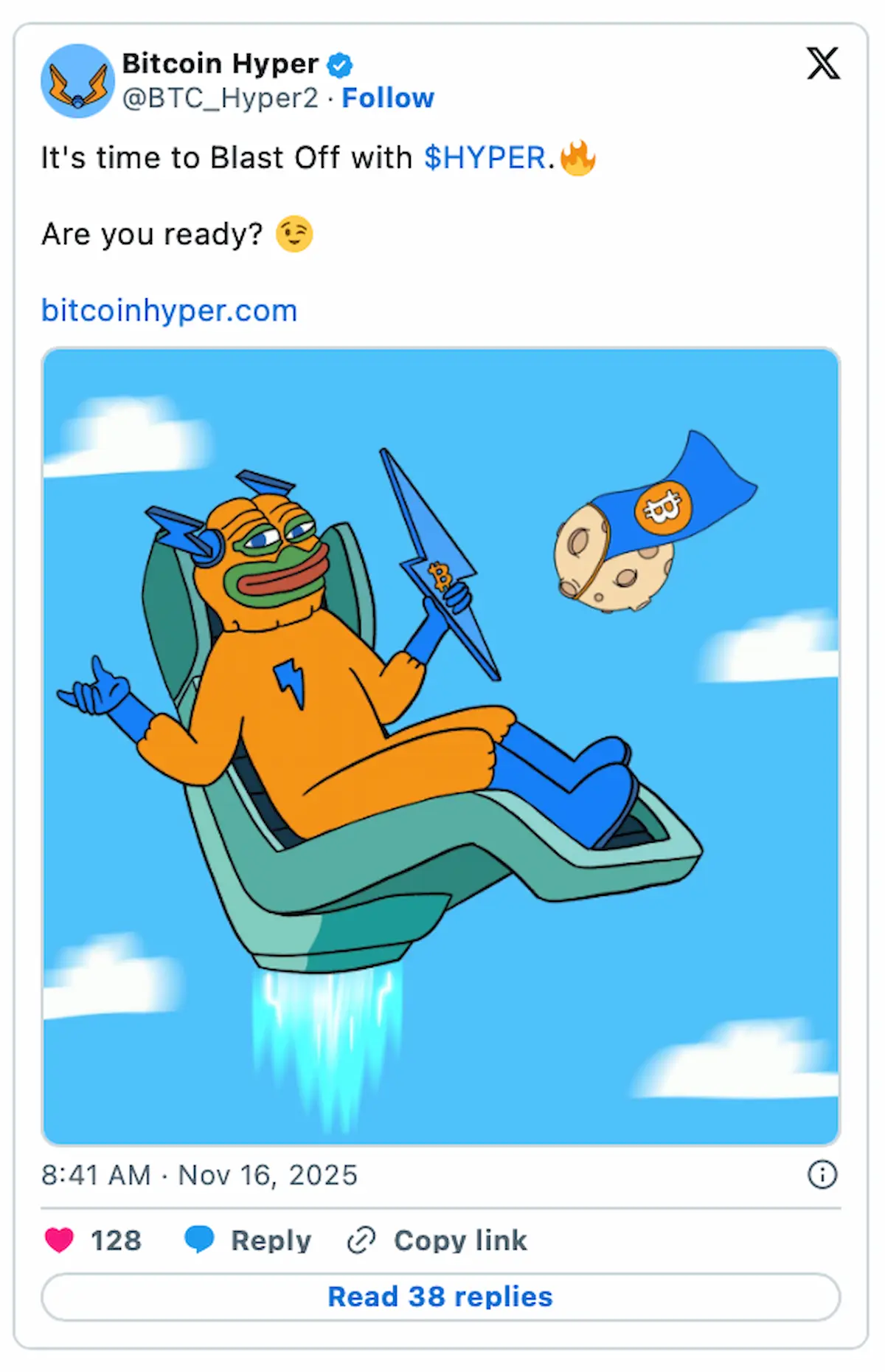 ChatGPT: Bitcoin Hyper公式Xアカウントが、HYPERの本格始動を「打ち上げ」になぞらえて告知する投稿