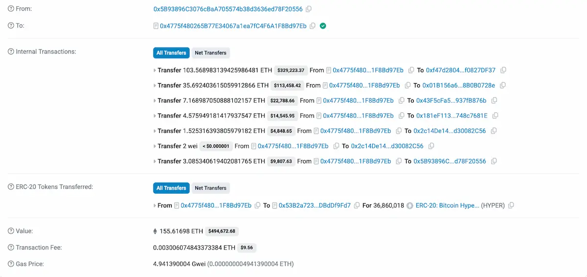 約49万ドル相当のETHでHYPERを購入した大口取引の履歴画面