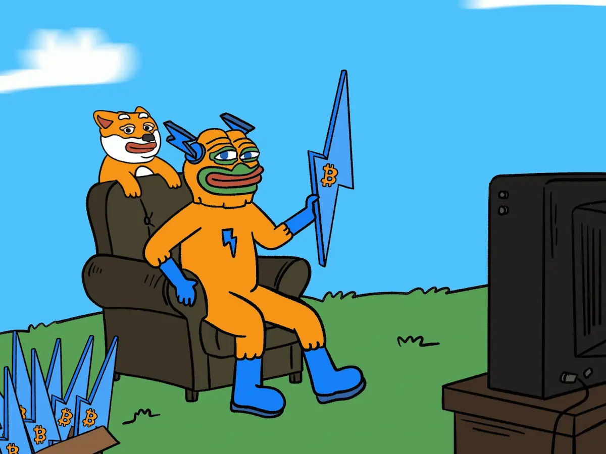 Bitcoin Hyperを応援するキャラクターが、犬と一緒にビットコイン相場をテレビで見守るイラスト