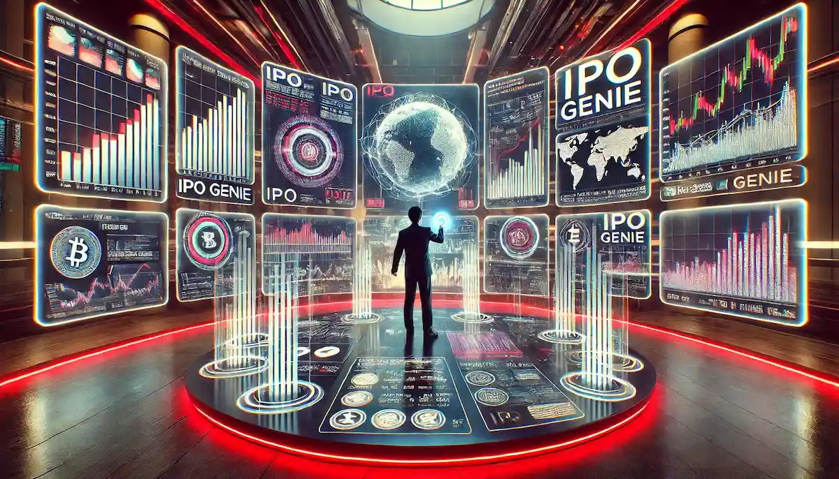 IPO Genieのデータと地球儀を操作する近未来のトレーディングルームのイメージ