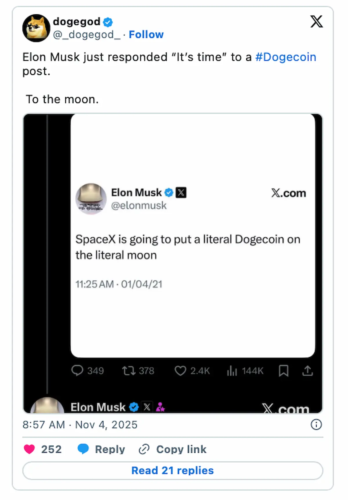 ChatGPT: イーロン・マスク氏がドージコイン投稿に「その時が来た」と反応したXのスクリーンショット