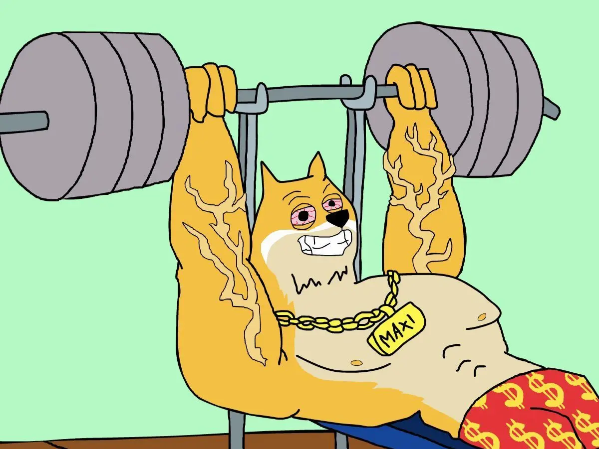 Maxi Dogeの柴犬キャラクターが超重量をベンチプレスするイラスト