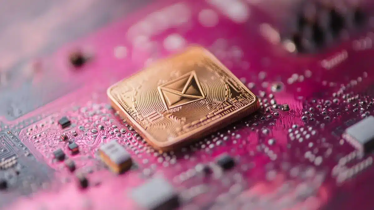 紫の電子的な背景に金色のバイナンスジャパンロゴ