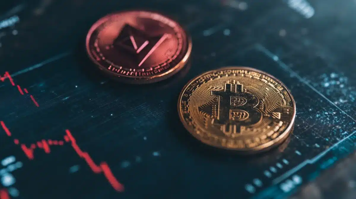 黒い背景に置かれたBNBとビットコイン