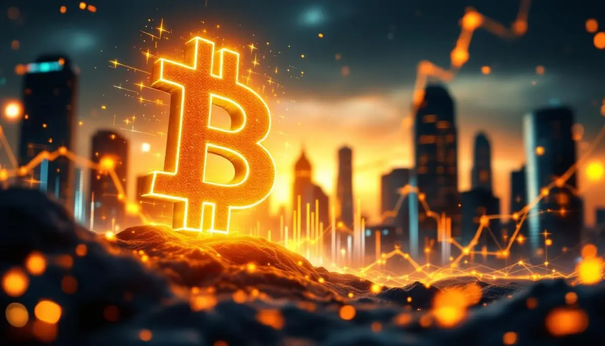 オレンジ色に輝くビットコインシンボルと上昇する企業資産を表す未来的なビジュアル