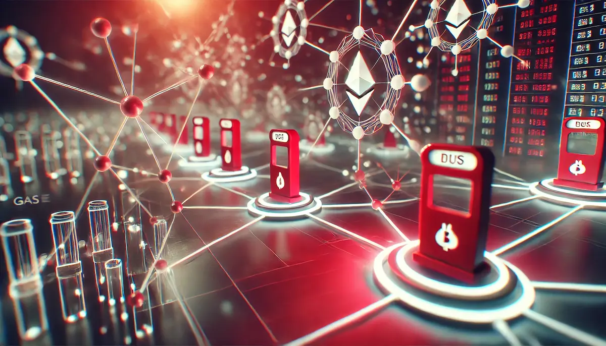 イーサリアムのガス代を示すネットワーク図。ガスポンプとETHロゴで手数料の概念を表現