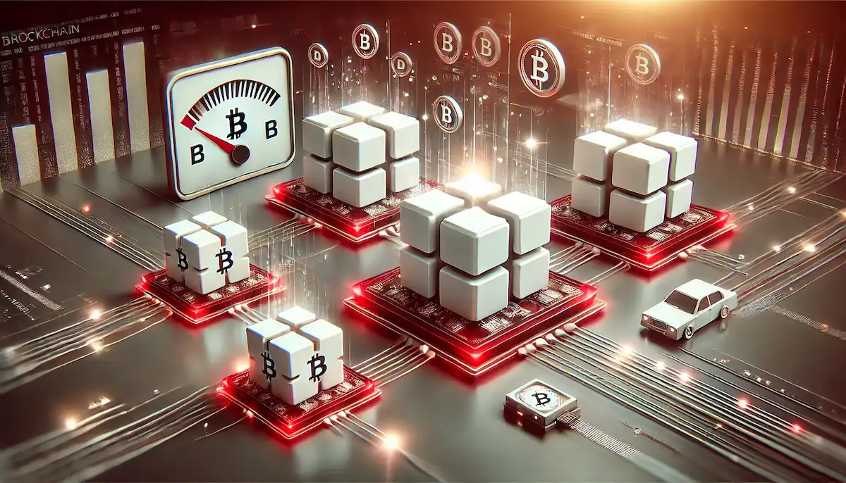 ビットコインのブロック生成と送金手数料の負荷を、キューブ群とメーターで可視化したイメージ