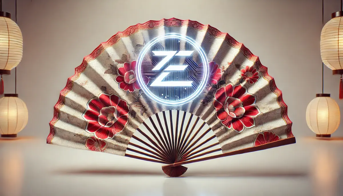 和柄の扇子に仮想通貨ZECのロゴを重ねたイメージ
