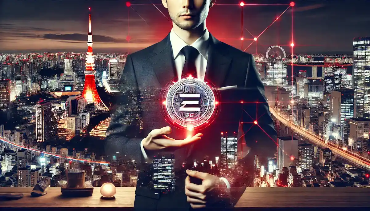 東京の夜景を背に、ビジネスマンが仮想通貨ZECのコインを手にするイメージ