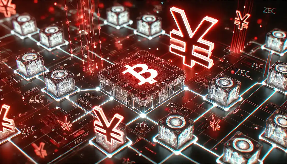ビットコインと円マークのネットワーク上に仮想通貨ZECが並ぶ近未来イメージ