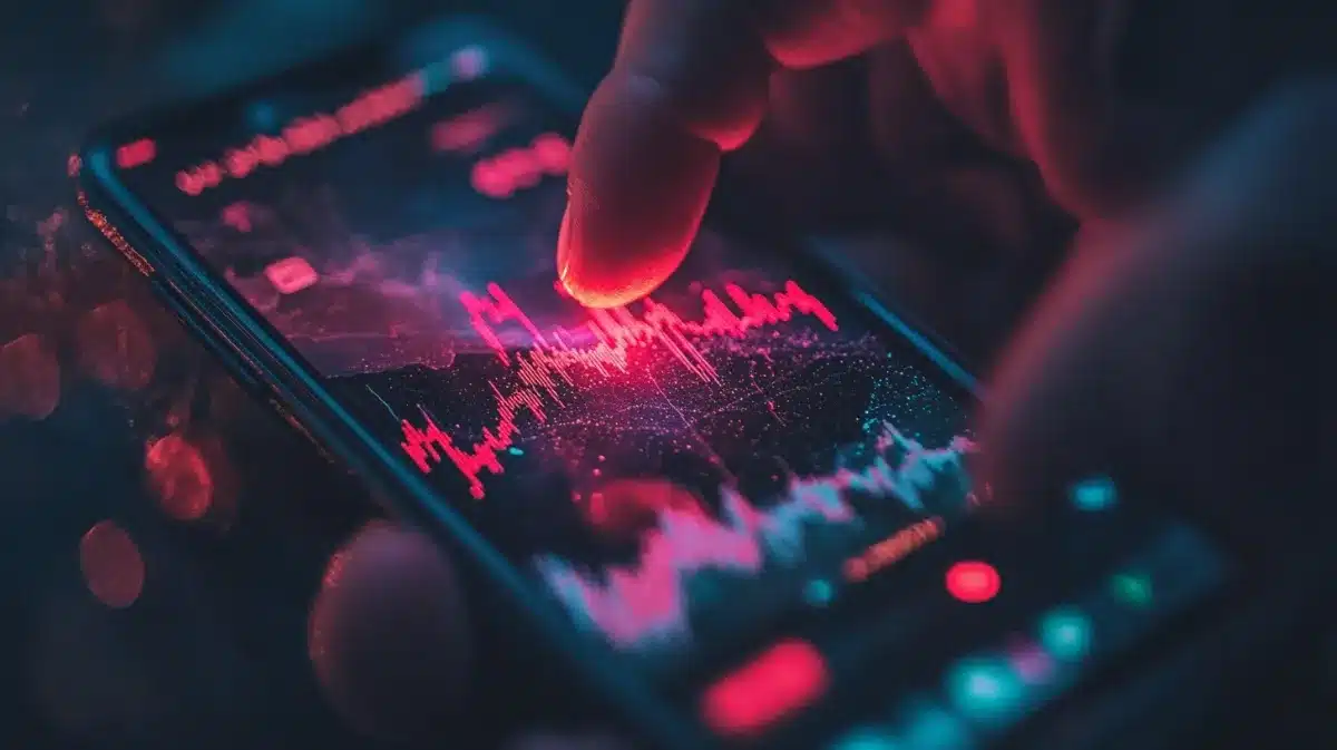 仮想通貨（ビットコイン）の暴落チャートをスマホで眺めるイメージ