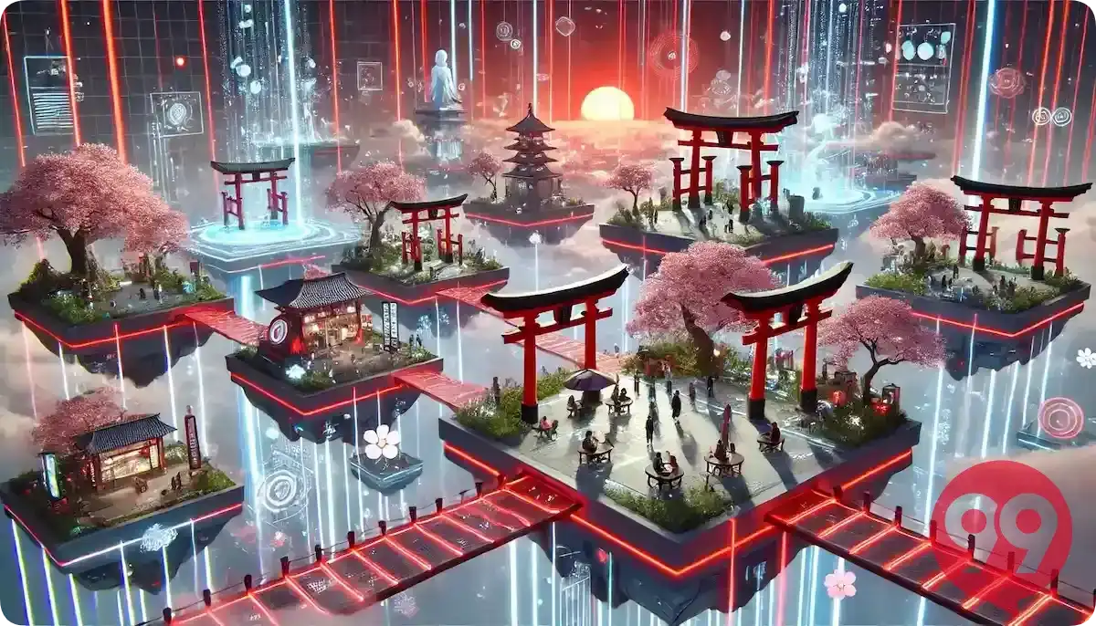 日本の街並みや神社が浮かぶメタバース空間のイメージ図