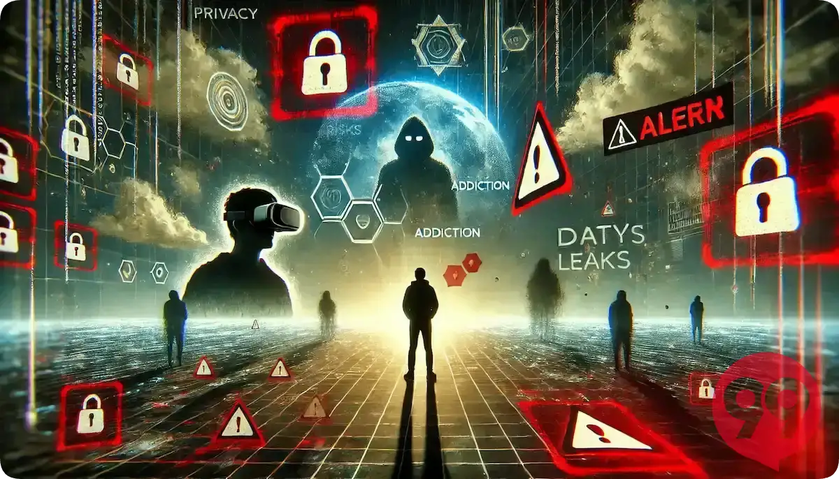 メタバース利用に伴うプライバシー侵害や依存などのリスク・注意点を表現したイメージ図