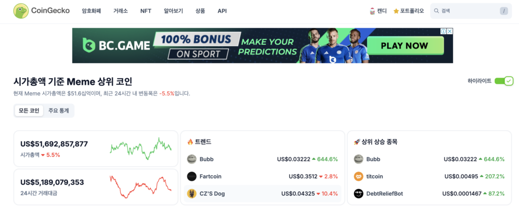 시가총액 기준 상위 밈코인
