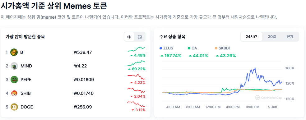 시가총액 기준 상위 Memes 토큰