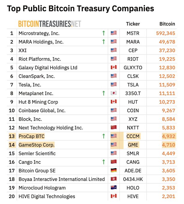 상위 공개 비트코인 트레저리