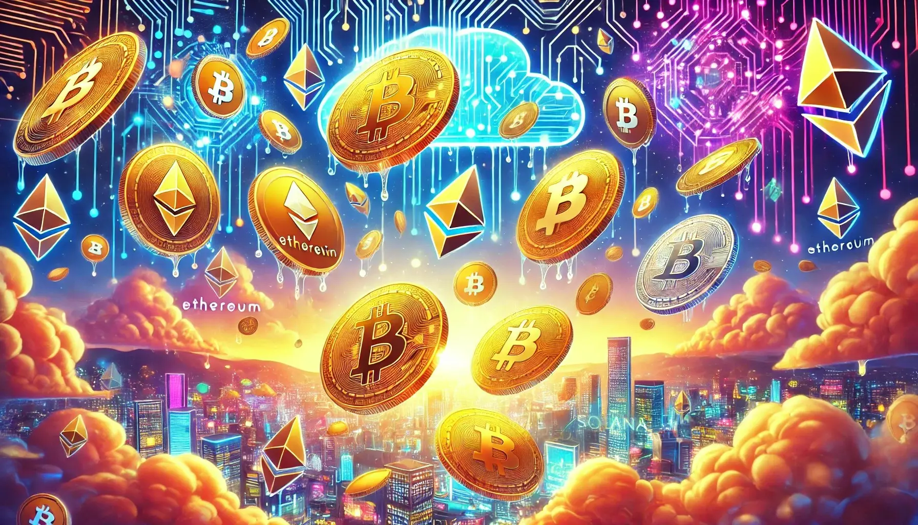 Digital illustration of Bitcoin, Ethereum, and Solana logos in a colorful skyline setting.