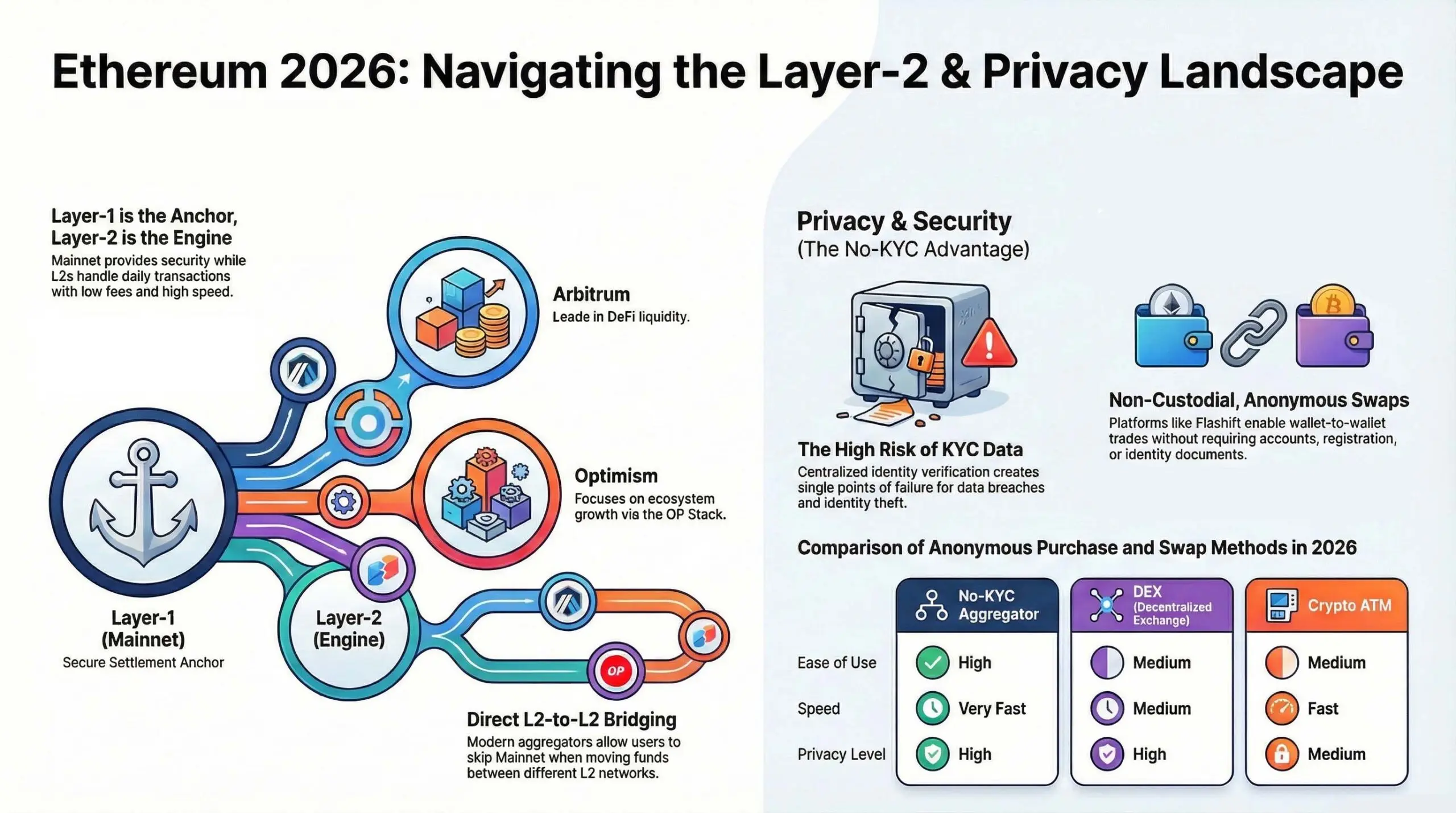 Illustration explaining Ethereum Layer 2 architecture and privacy features with icons and text.