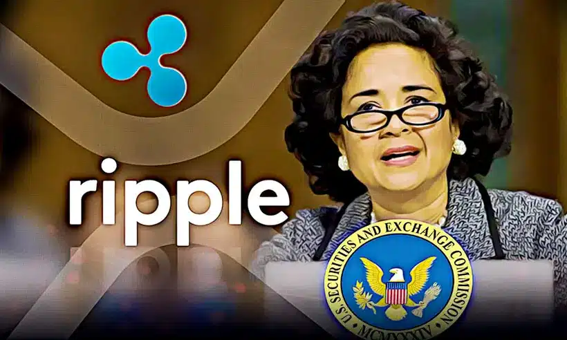 Judge Analisa Torres speaking with Ripple logo and SEC emblem in the background.