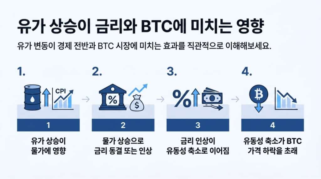 유가 → 물가 → 금리 동결 또는 인상 → 유동성 축소 → BTC 하락