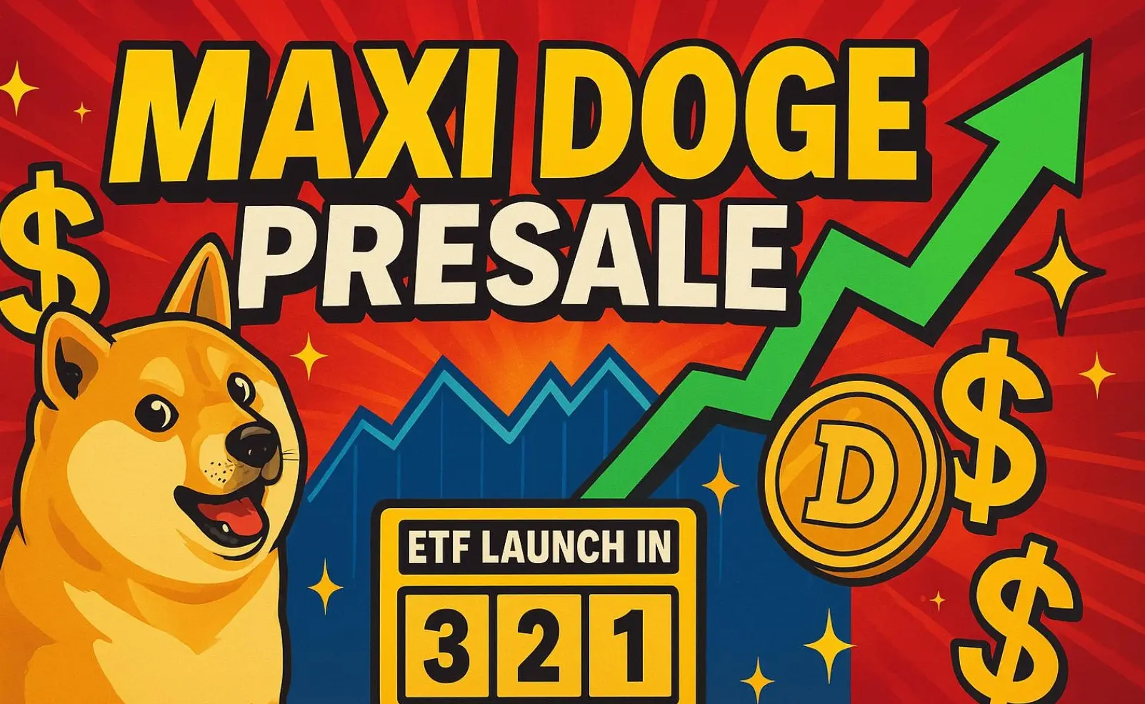 Graphic featuring a dog, text 'MAXI DOGE PRESALE', and countdown for ETF launch.