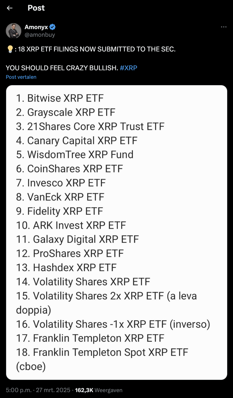 18 XRP ETF's - Bron: X