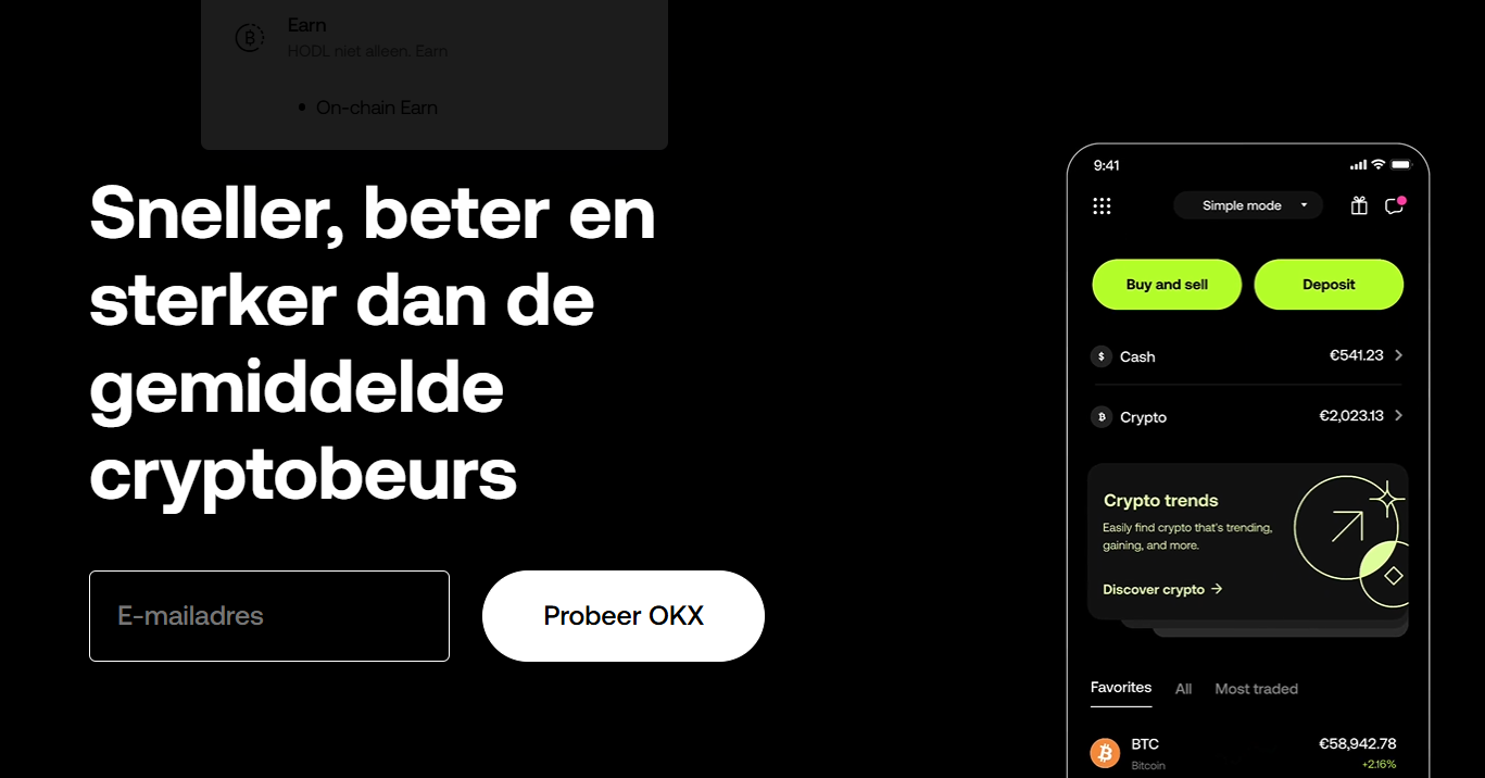 Homepagina van OKX, een exchange waar je met iDEAL crypto kunt kopen