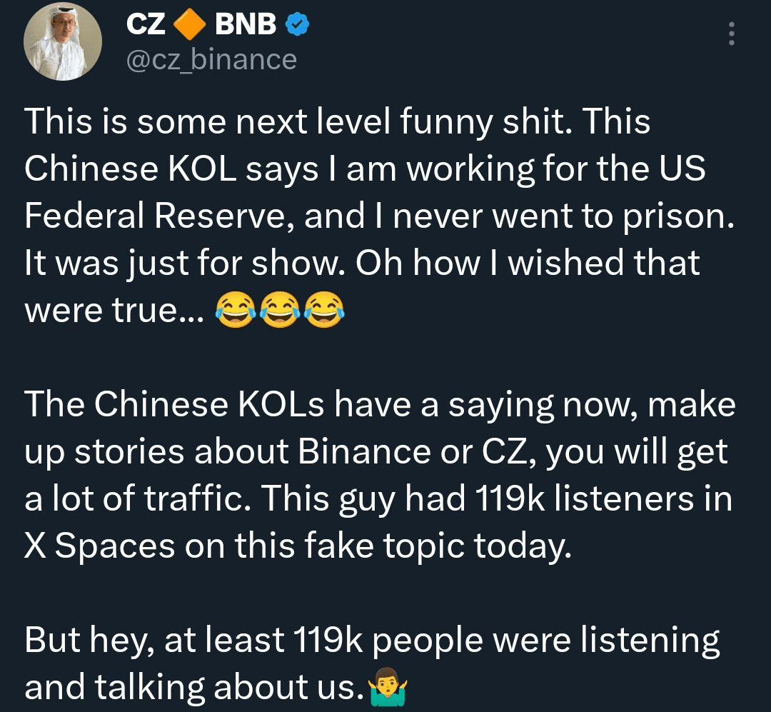 Reactie van Binance oprichter CZ op een speculatie over een samenwerking met de Amerikaanse Federal Reserve