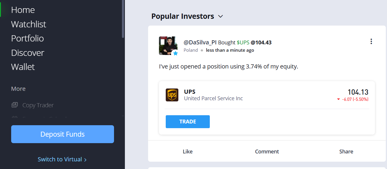 Dashboard van eToro, de beste exchange voor crypto kopen met iDEAL