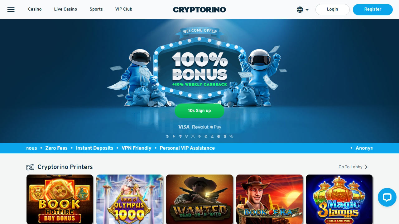Het Cryptorino Casino biedt een 100% welkomstbonus en betalingen met Revolut