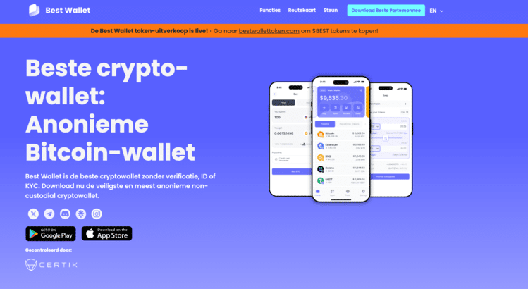 Homepage van Best Wallet, waar je eenvoudig crypto kunt kopen, beheren en bewaren zonder verificatie of KYC.