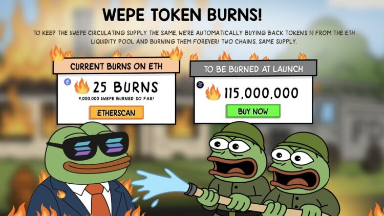 Wall Street Pepe $WEPE token sale op Solana, met focus op meme coin en burn economie.