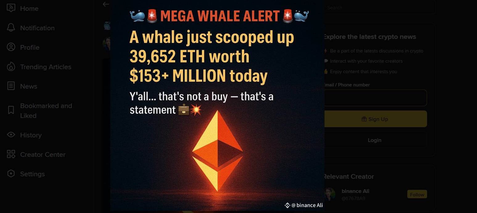 Een mega whale stapt voor $153 miljoen in Ethereum. Bron: Binance/BinanceAli.