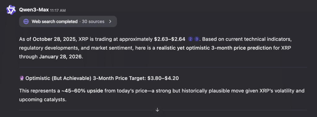 De voorspelling van Qwen AI over de XRP koers. Bron: Qwen AI