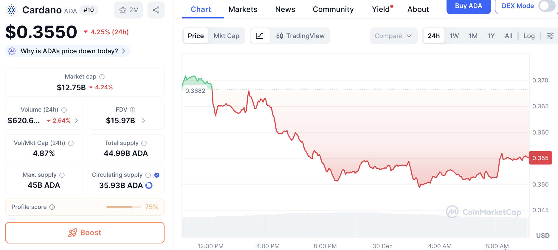 Cardano koers - Bron CoinMarketCap