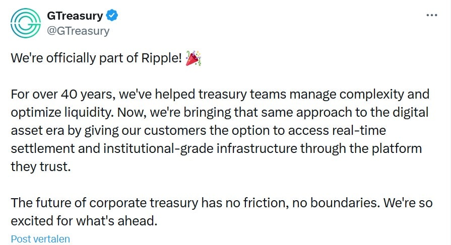 GTreasury tweet over onderdeel zijn vak Ripple